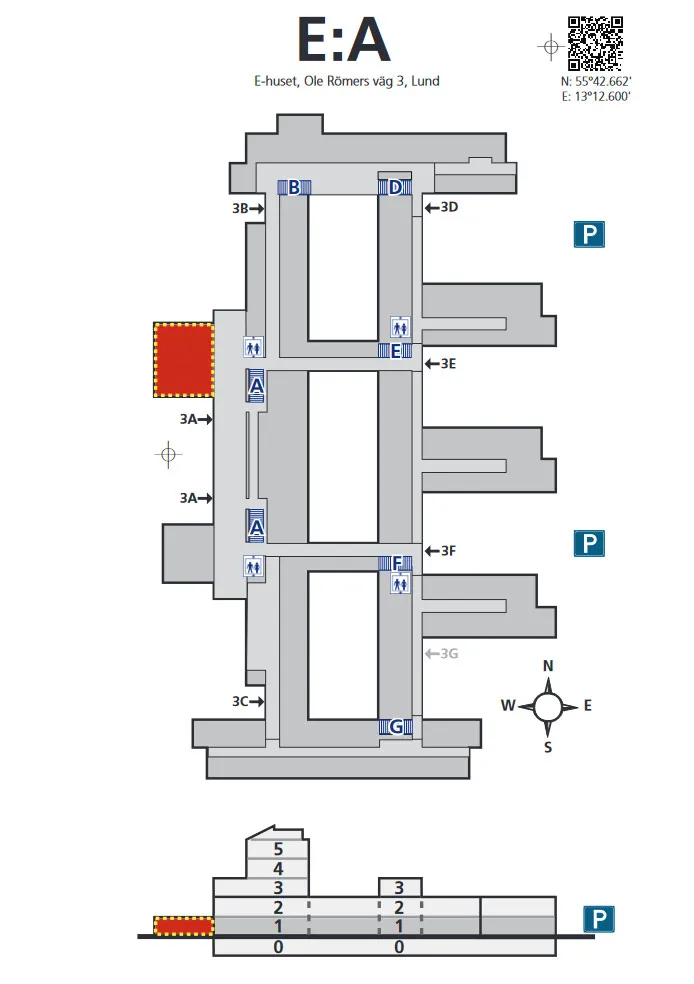 Läge av sal E:A på våning 1. Illustration.