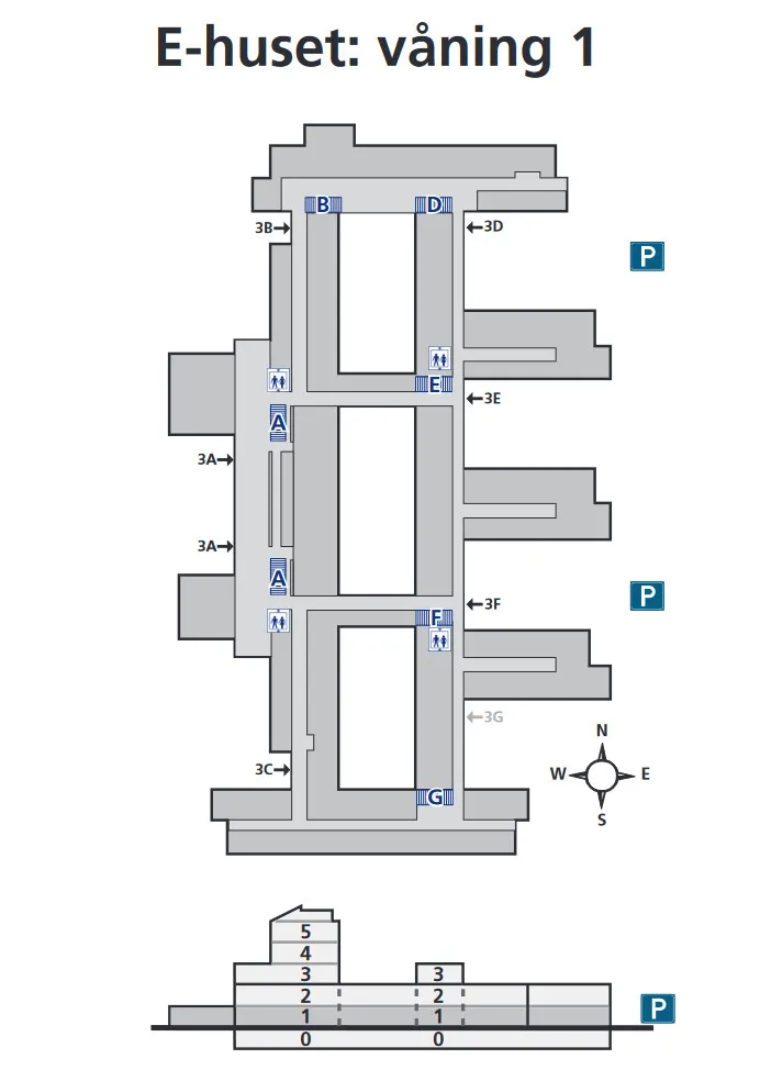Karta över E-husets våning 1. Illustration.