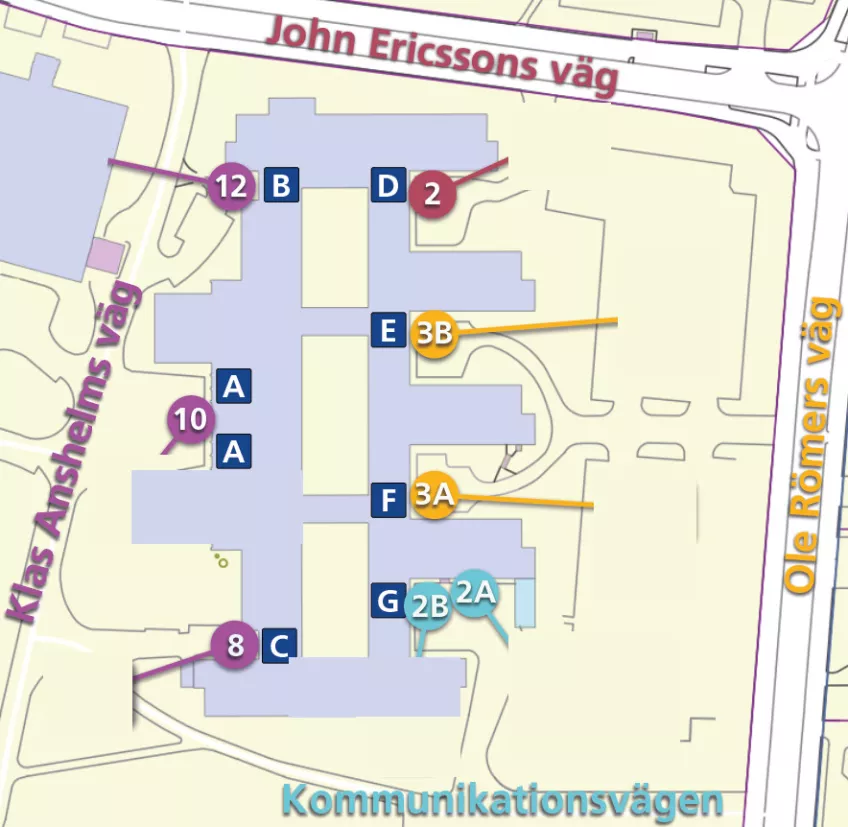 Schematisk karta över samband mellan ingångs- och gatunummer för E-huset.   Illustration..